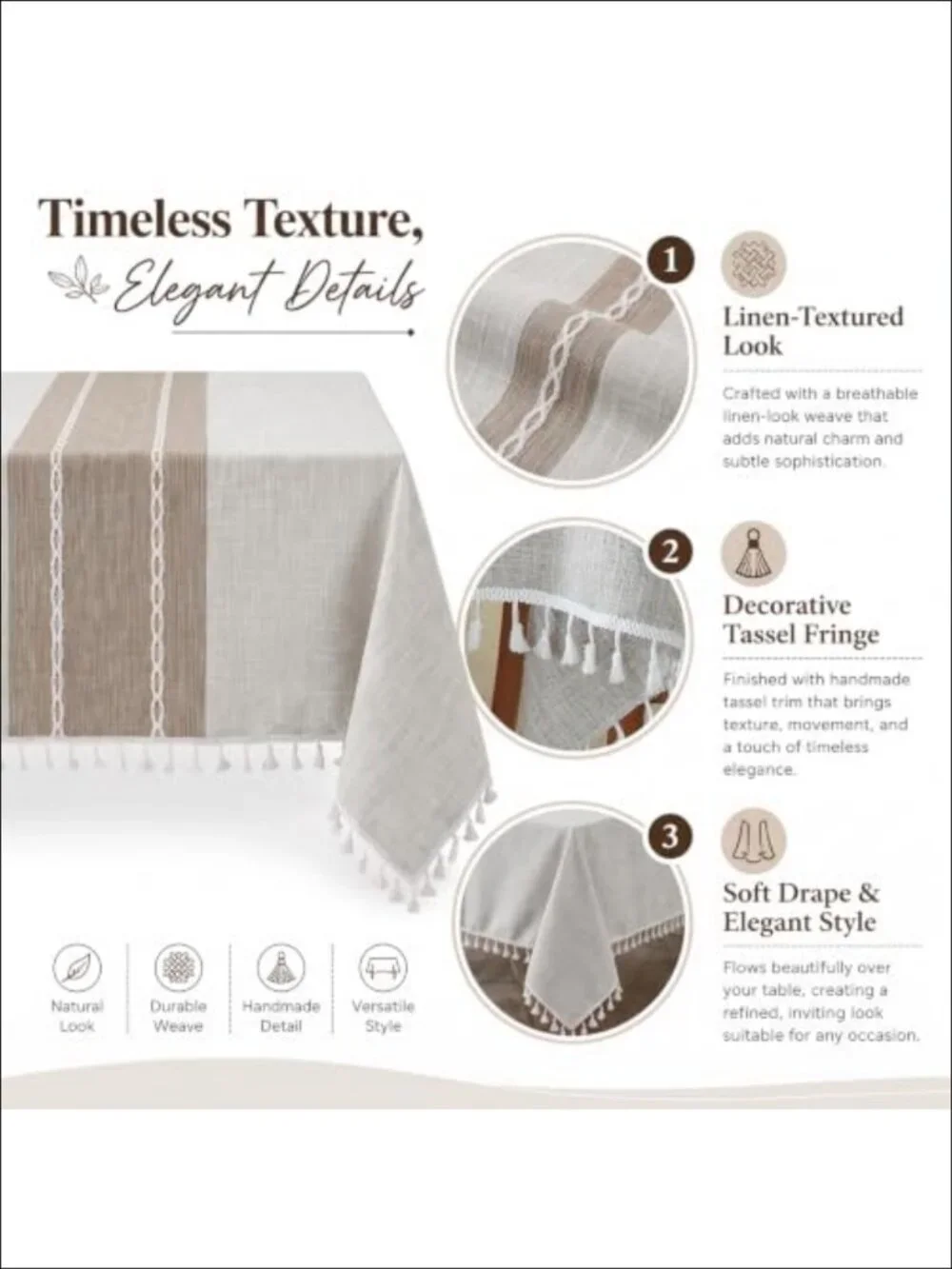 Linen-Textured Spill-Resistant Rectangular Tablecloth Farmhouse Tassel